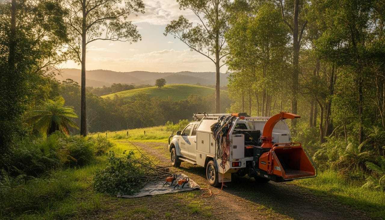 Port Macquarie Arborist work truck and wood chipper on site in the Port Macquarie